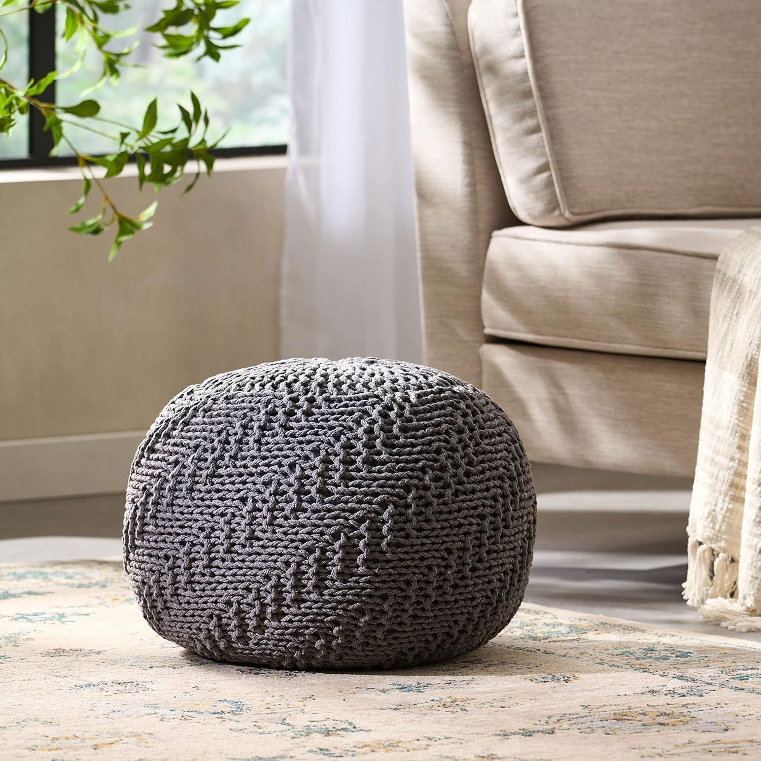 Hazel Modern Knitted Cotton Yarn Round Pouf with Eco-Friendly PET Fibers, Dark Grey, 20 x 20 inches - Grand Goldman Shop