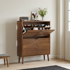 Medieval Modern Independent Shoe Cabinet with 2 Flip Drawers, Walnut MDF, 31.5-inch - Grand Goldman Shop