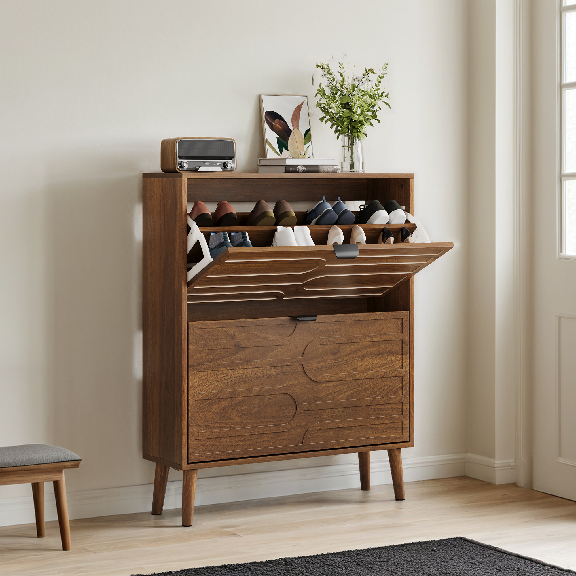 Medieval Modern Independent Shoe Cabinet with 2 Flip Drawers, Walnut MDF, 31.5-inch - Grand Goldman Shop