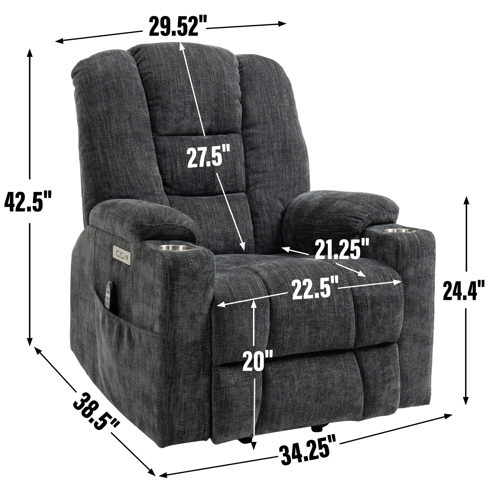 EMON'S Large Power Lift Recliner Chair with Massage and Heat for Elderly, Overstuffed Wide Recliners, Heavy Duty Motion Mechanism with USB and Type C Ports, 2 Steel Cup Holders, Gray - Grand Goldman Shop