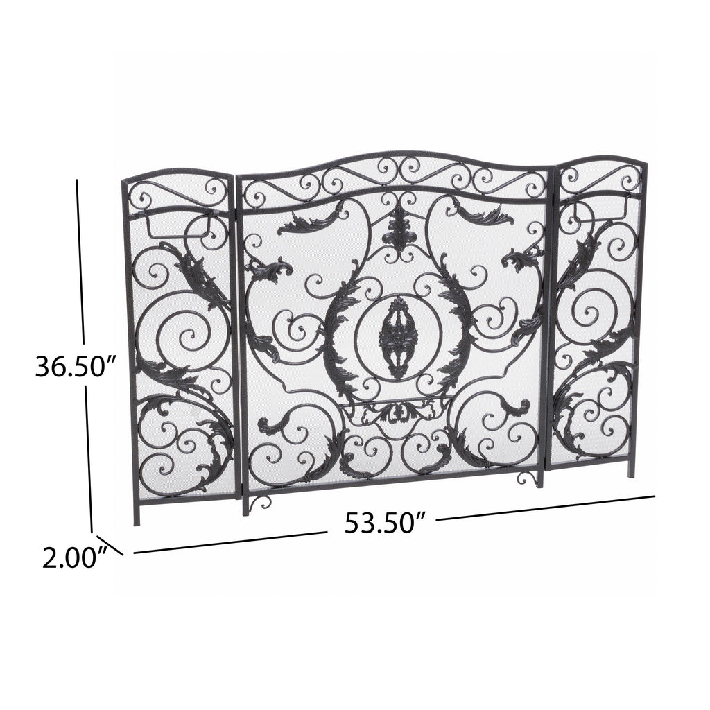 Mariella Traditional Floral Iron Fireplace Screen with Ornate Design in Black Brushed Silver Finish - Grand Goldman Shop