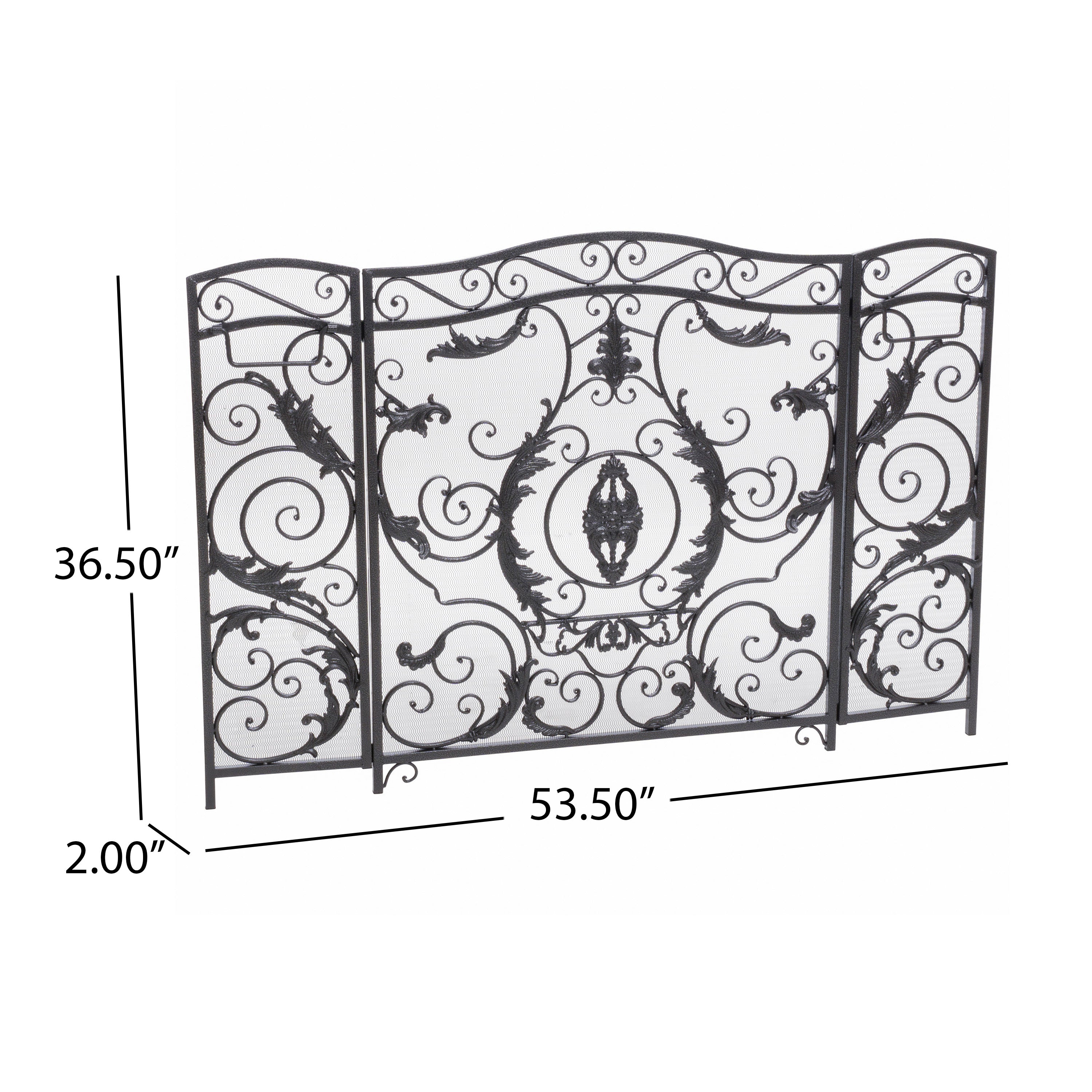 Mariella Traditional Floral Iron Fireplace Screen with Ornate Design in Black Brushed Silver Finish - Grand Goldman Shop