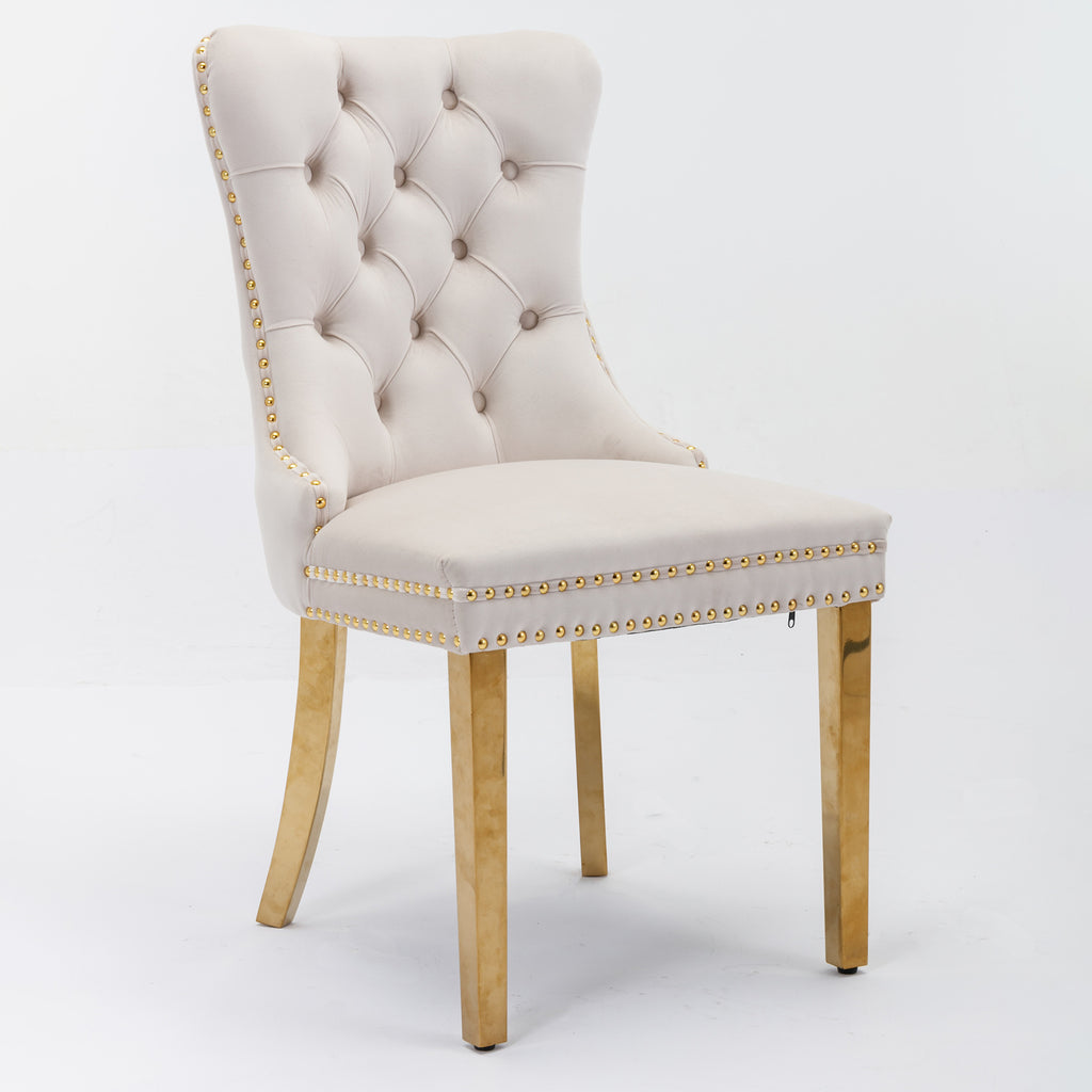 A&A Furniture,Nikki Collection Modern, High-end Tufted Solid Wood Contemporary Velvet Upholstered Dining Chair with Golden Stainless Steel Plating Legs,Nailhead Trim,Set of 2,Beige and Gold, SW1601BG - Grand Goldman Shop