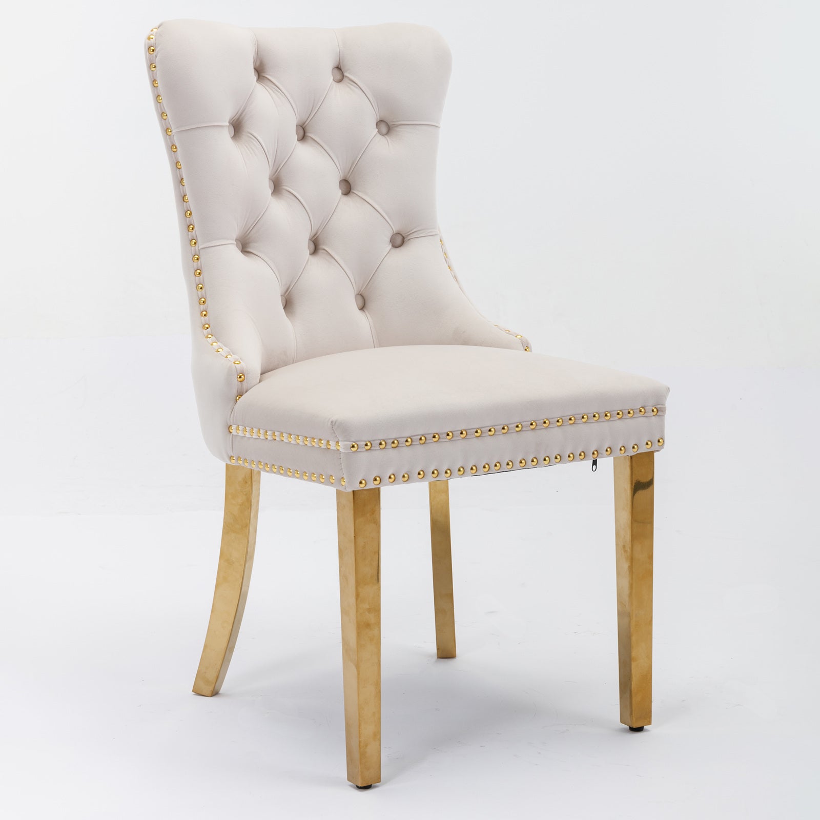 A&A Furniture,Nikki Collection Modern, High-end Tufted Solid Wood Contemporary Velvet Upholstered Dining Chair with Golden Stainless Steel Plating Legs,Nailhead Trim,Set of 2,Beige and Gold, SW1601BG - Grand Goldman Shop