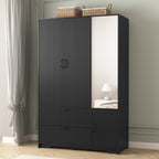 4 Doors Wardrobe Closet with Mirror, LED Wardrobe with Doors and 2 Drawers, Wooden Wardrobe Storage Cabinet with Hanging Rod, Adjustable Shelves, Black - Grand Goldman Shop
