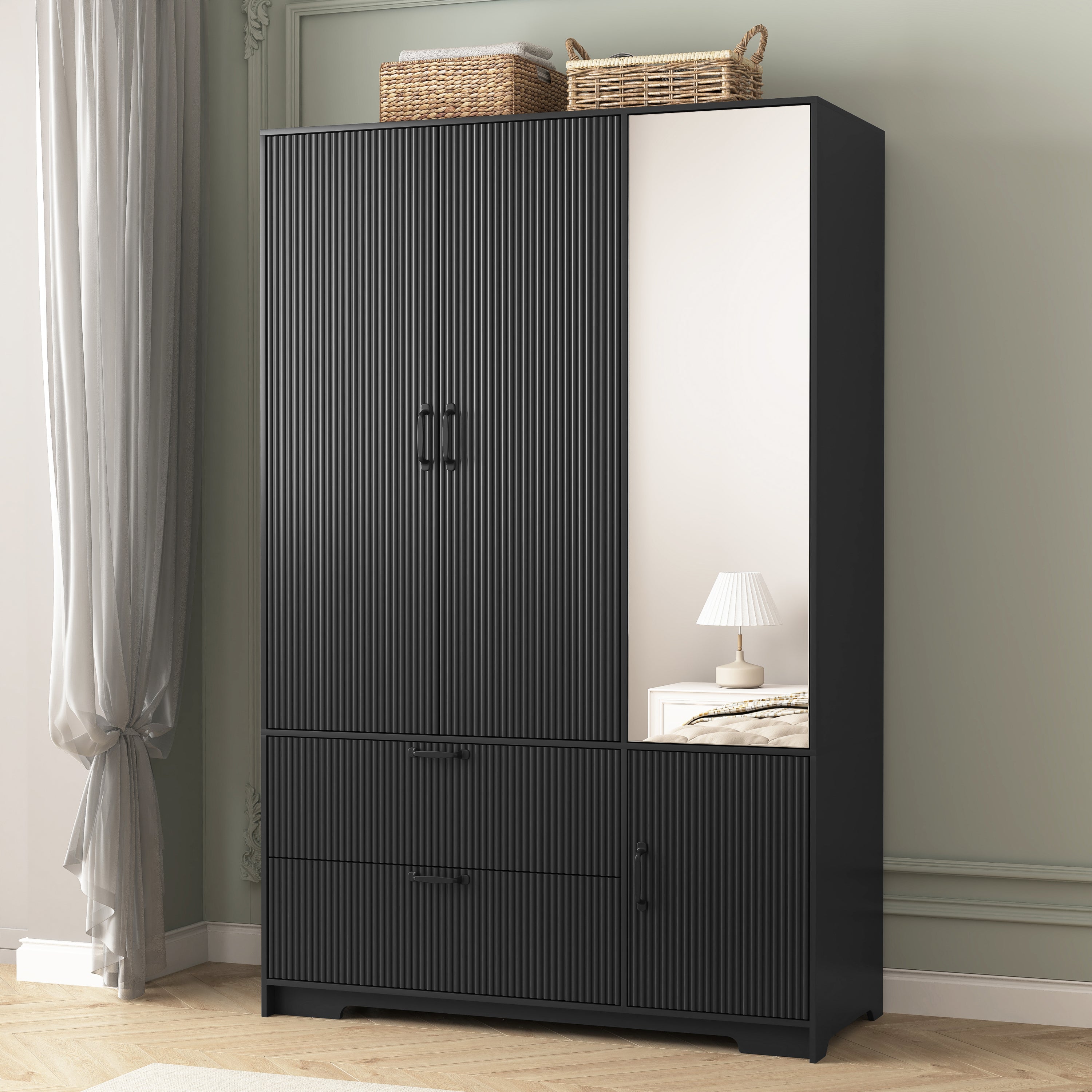 4 Doors Wardrobe Closet with Mirror, LED Wardrobe with Doors and 2 Drawers, Wooden Wardrobe Storage Cabinet with Hanging Rod, Adjustable Shelves, Black - Grand Goldman Shop