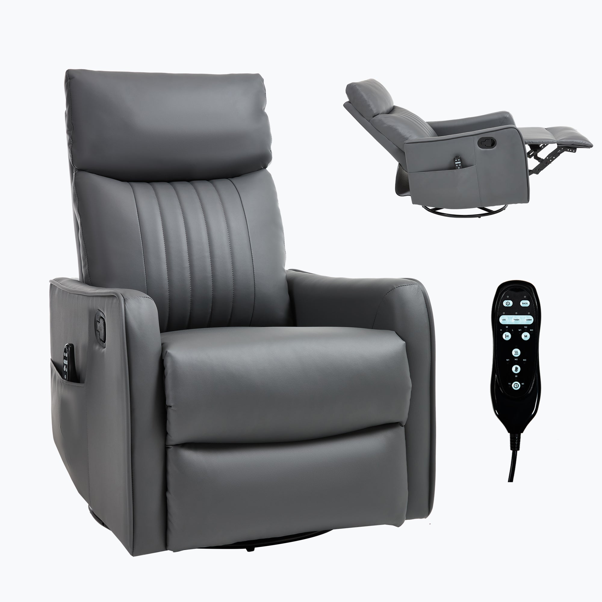 Grey Faux Leather Heat Massage Manual Recliner Chair with Rocker and Swivel for Living Room - Grand Goldman Shop