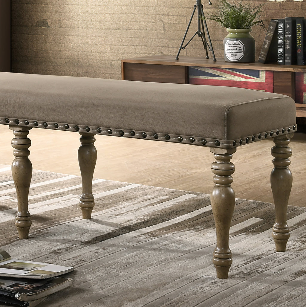 Birmingham Microfiber Upholstered Bench with Nail Head Trim in Driftwood Finish - Grand Goldman Shop