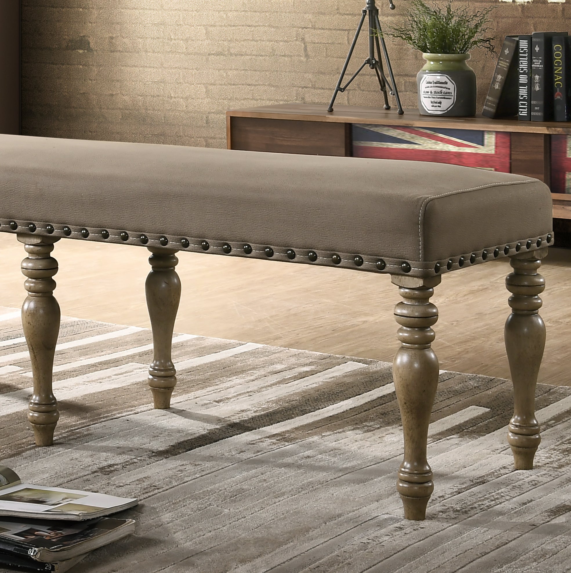 Birmingham Microfiber Upholstered Bench with Nail Head Trim in Driftwood Finish - Grand Goldman Shop