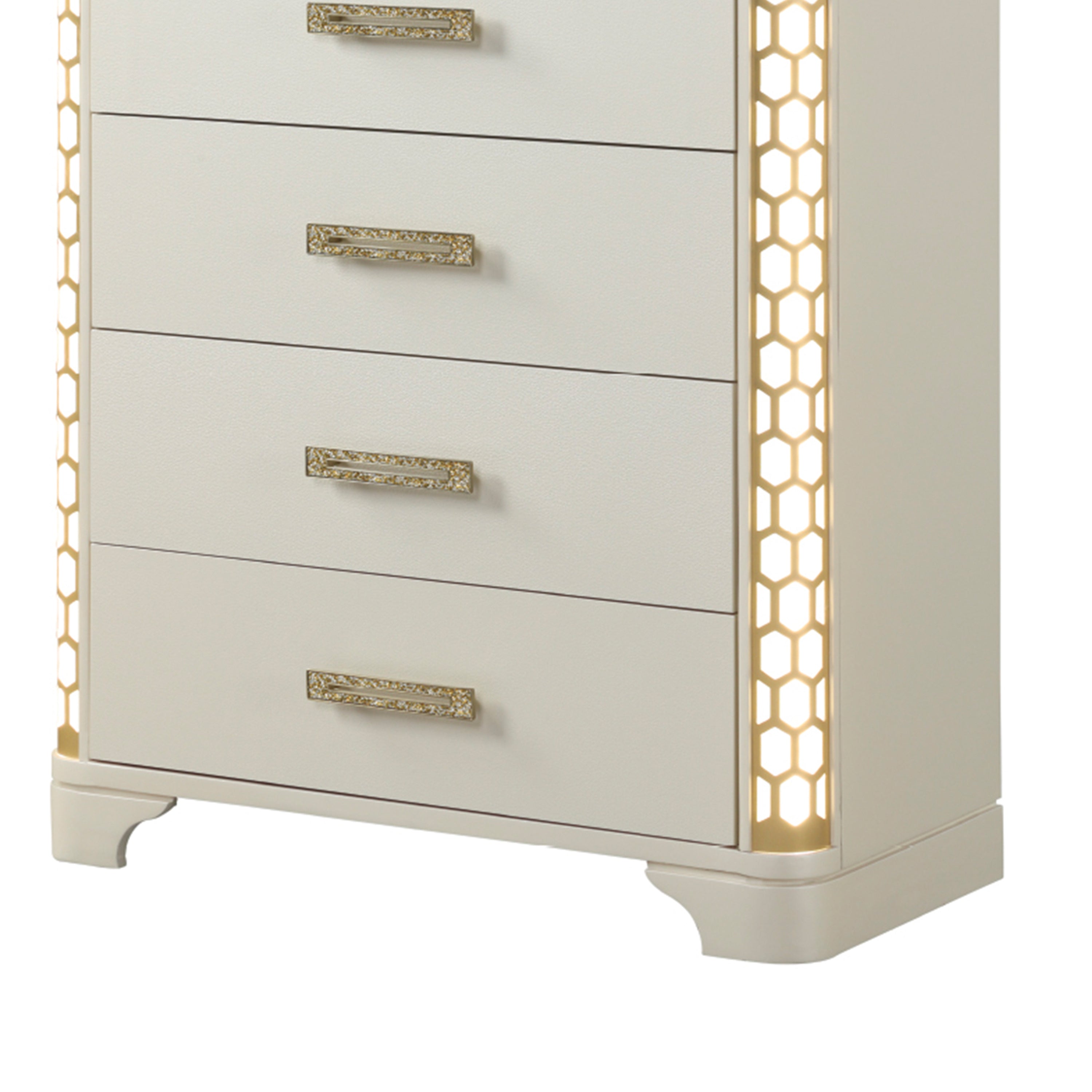 Jasmine Queen 5 Pc LED Bedroom Set in Beige made with Wood and Gold Accents - Grand Goldman Shop
