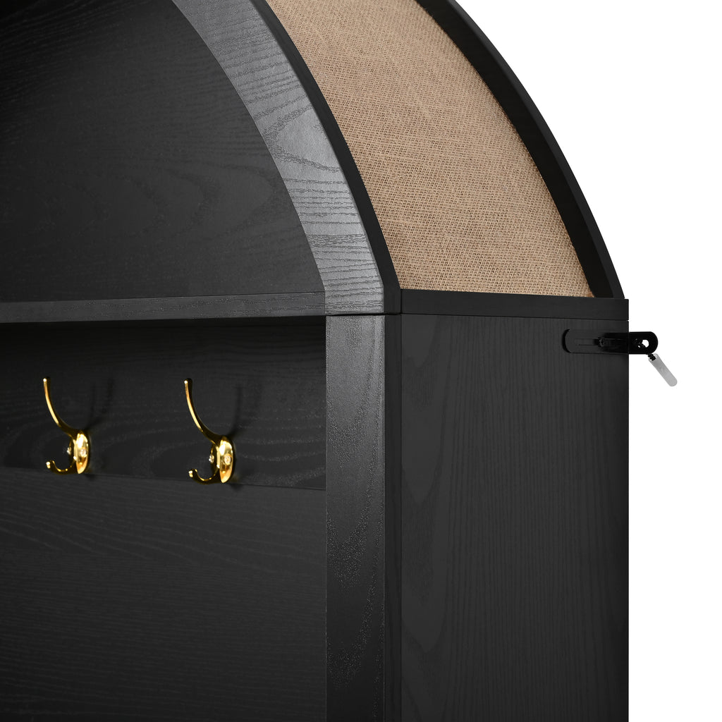 Farmhouse Fabric Arched Top Hall Tree with 5 Metal Hooks, All-in-One Mudroom Furniture with Adjustable Shelves, Mid-Century Fluted Door Entryway Bench with Wood Grain Finish for Hallway, Black - Grand Goldman Shop