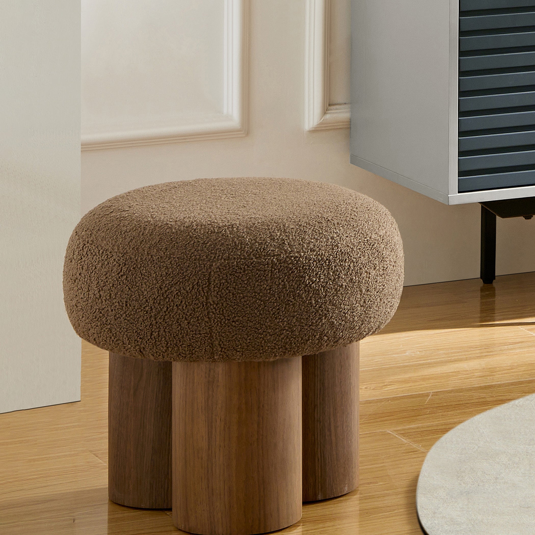 W8017-1 Mushroom Stool with Brown Lamb Wool Seat and Walnut Veneer Barrel PVC Pipe - Grand Goldman Shop