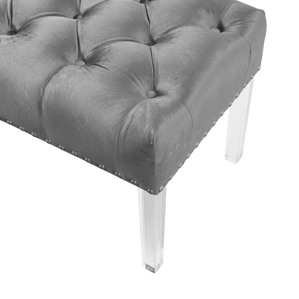 Valley Button Tufted Velvet Upholstered Bench with Acrylic Leg, Gray - Grand Goldman Shop