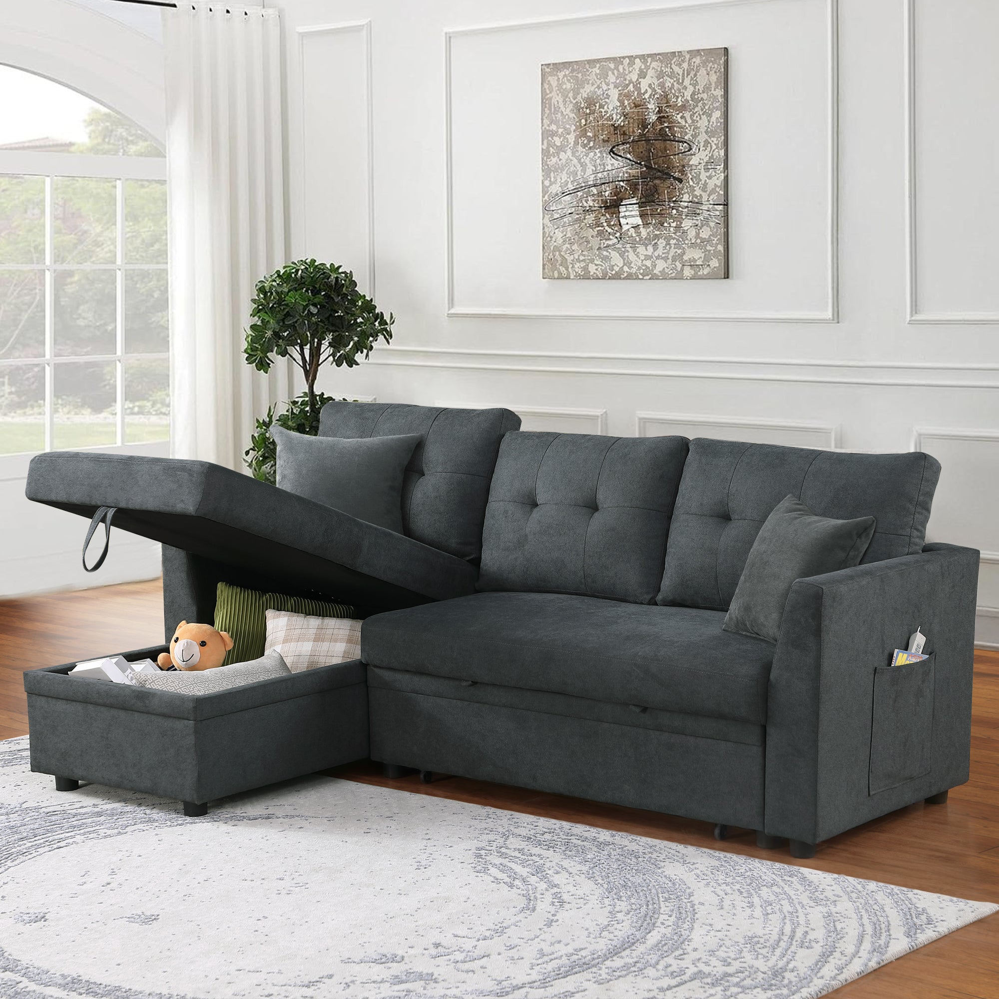 Sectional Sofa Bed L-Shaped Sofa Couch Bed with USB Port, Reversible Sofa Couch Sleeper with Pull Out Bed, Chaise with Storage, Pull Out Couch for Living Room - Grand Goldman Shop