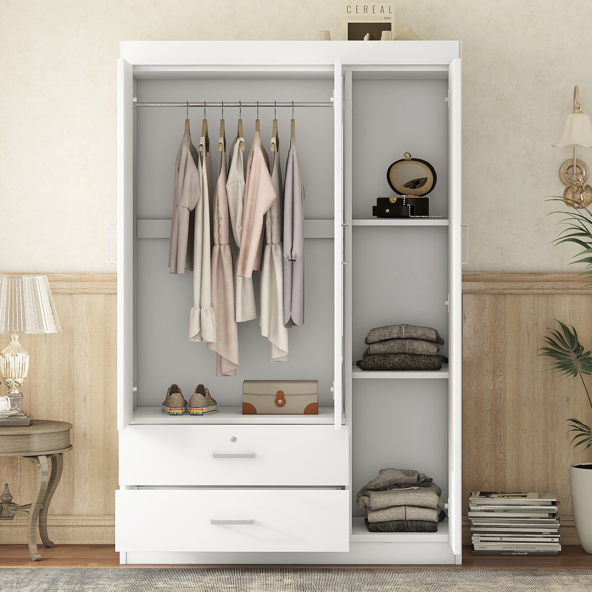 3-Door Mirror Wardrobe with shelves, White - Grand Goldman Shop