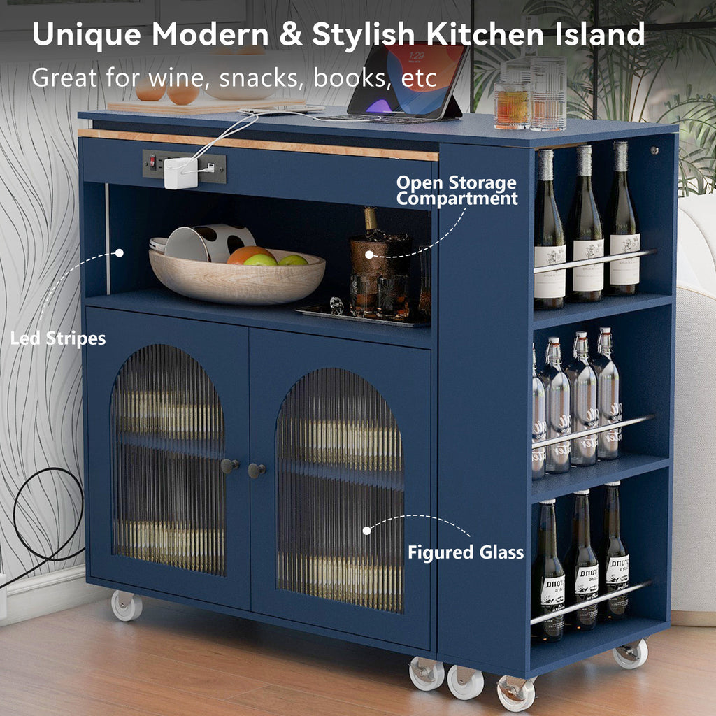 K&K Rolling Kitchen Island With Extended Table, Kitchen Island on Wheels with LED Lights,Power Outlets and 2 Fluted Glass Doors, Kitchen Island with a Storage Compartment and Side 3 Open Shelves, Navy - Grand Goldman Shop