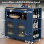 K&K Rolling Kitchen Island With Extended Table, Kitchen Island on Wheels with LED Lights,Power Outlets and 2 Fluted Glass Doors, Kitchen Island with a Storage Compartment and Side 3 Open Shelves, Navy - Grand Goldman Shop