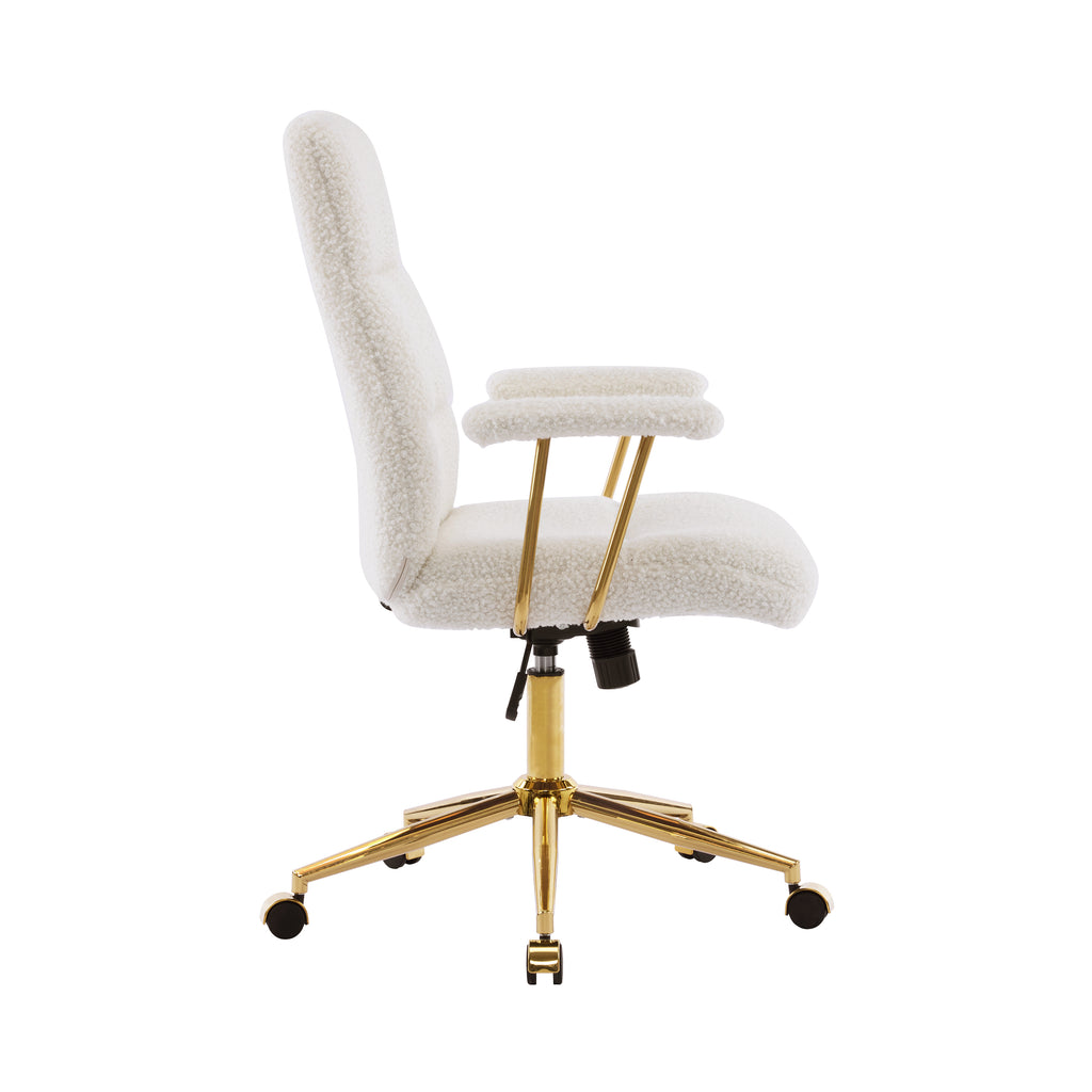 Textured Boucle Fabric White and Gold Office Chair, Modern Height Adjustable Desk Chair with Padded Arms - Grand Goldman