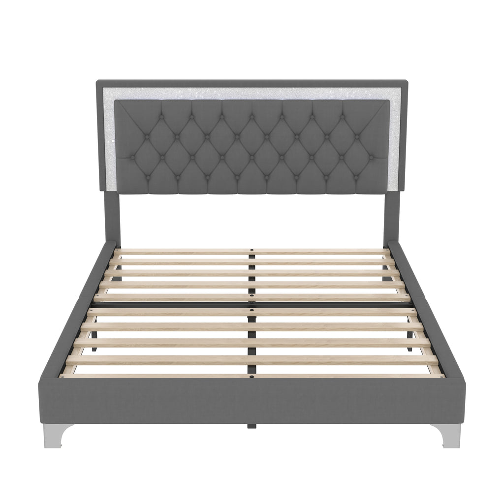3-Pieces Bedroom Sets,Queen Size Upholstered Platform Bed with LED Lights and Two Nightstands-Gray - Grand Goldman Shop