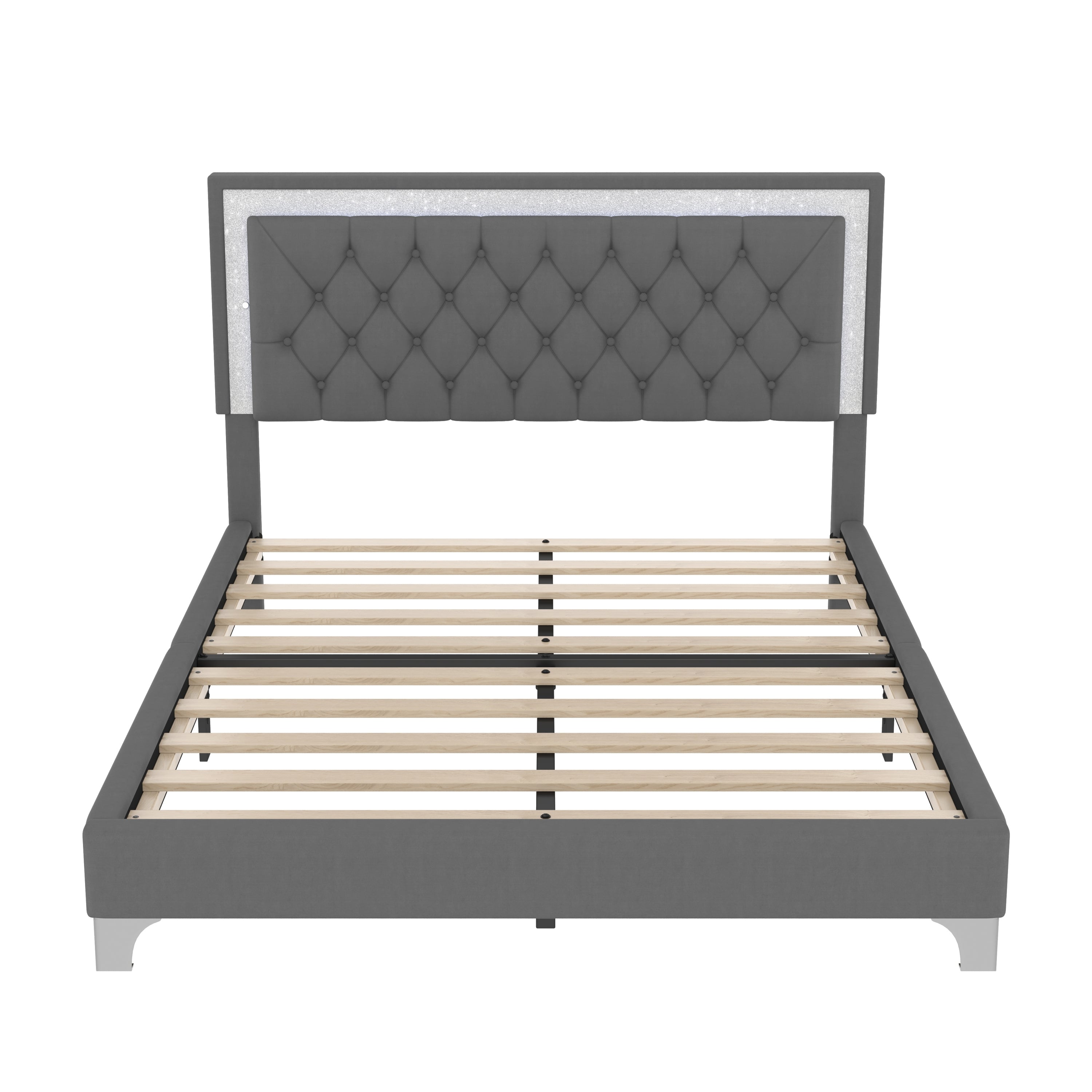 3-Pieces Bedroom Sets,Queen Size Upholstered Platform Bed with LED Lights and Two Nightstands-Gray - Grand Goldman Shop