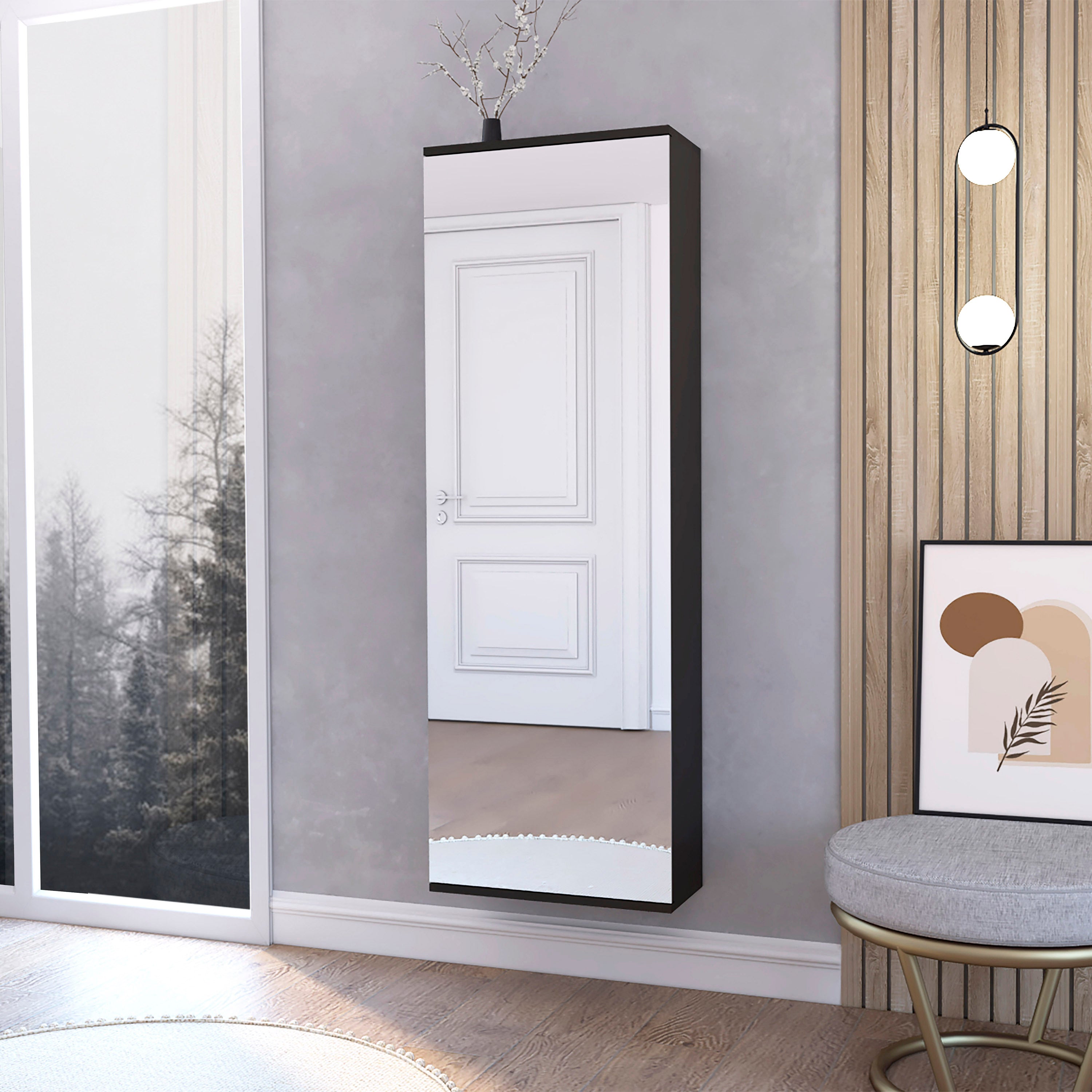 Wall Mounted Shoe Rack With Mirror Chimg, Single Door, Black Wengue Finish - Grand Goldman Shop