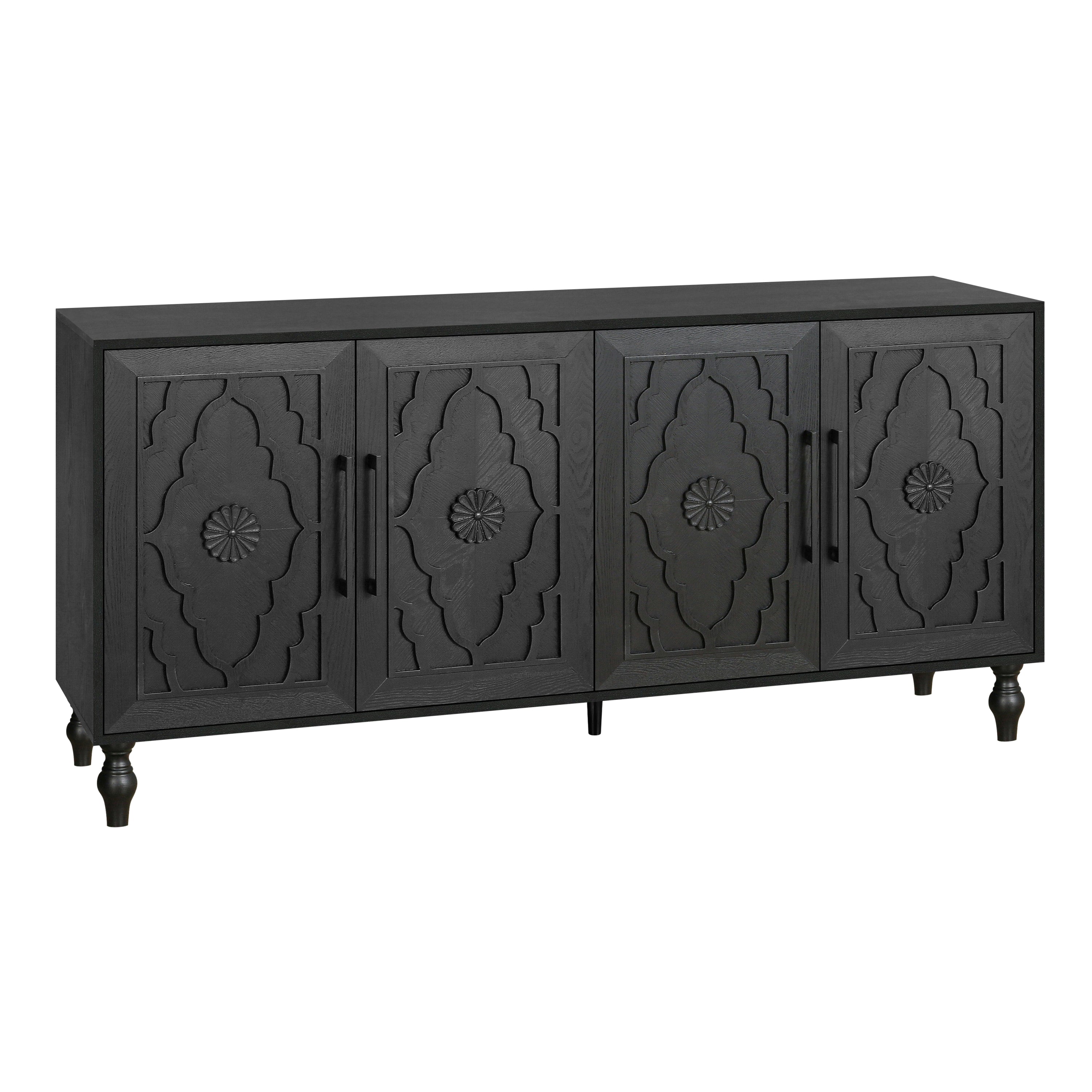 Carved Flower Door Large Storage Cabinet With Metal Handle Suitable For Living Room, Kitchen, Entryway(BLACK) - Grand Goldman Shop