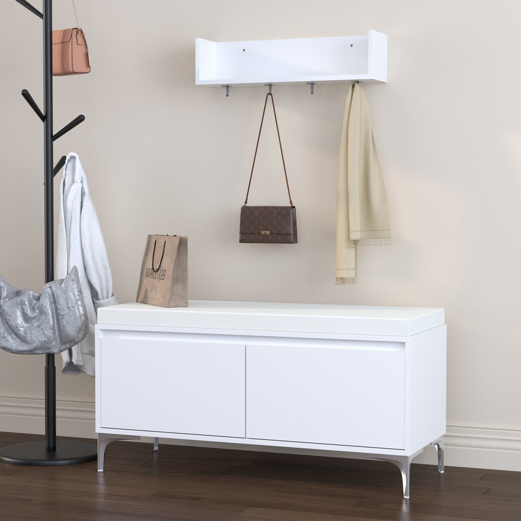 Modern White Wall-Mounted Entryway Shelf with Hooks and Storage Bench Set, Off White Metal & Wood, 39.37 x 15.75 x 19.49 inches - Grand Goldman Shop