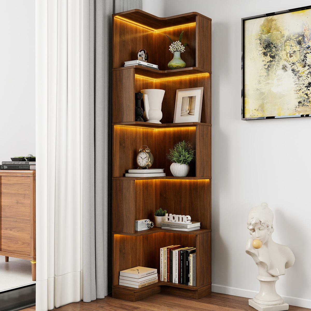 Corner Book Shelf - 5 Tier Corner Bookshelf  Bookcase with Baffle, Freestanding L Shaped Display Shelf Stand with led lights for Home Office, Living Room, Bedroom, Kitchen - Grand Goldman Shop