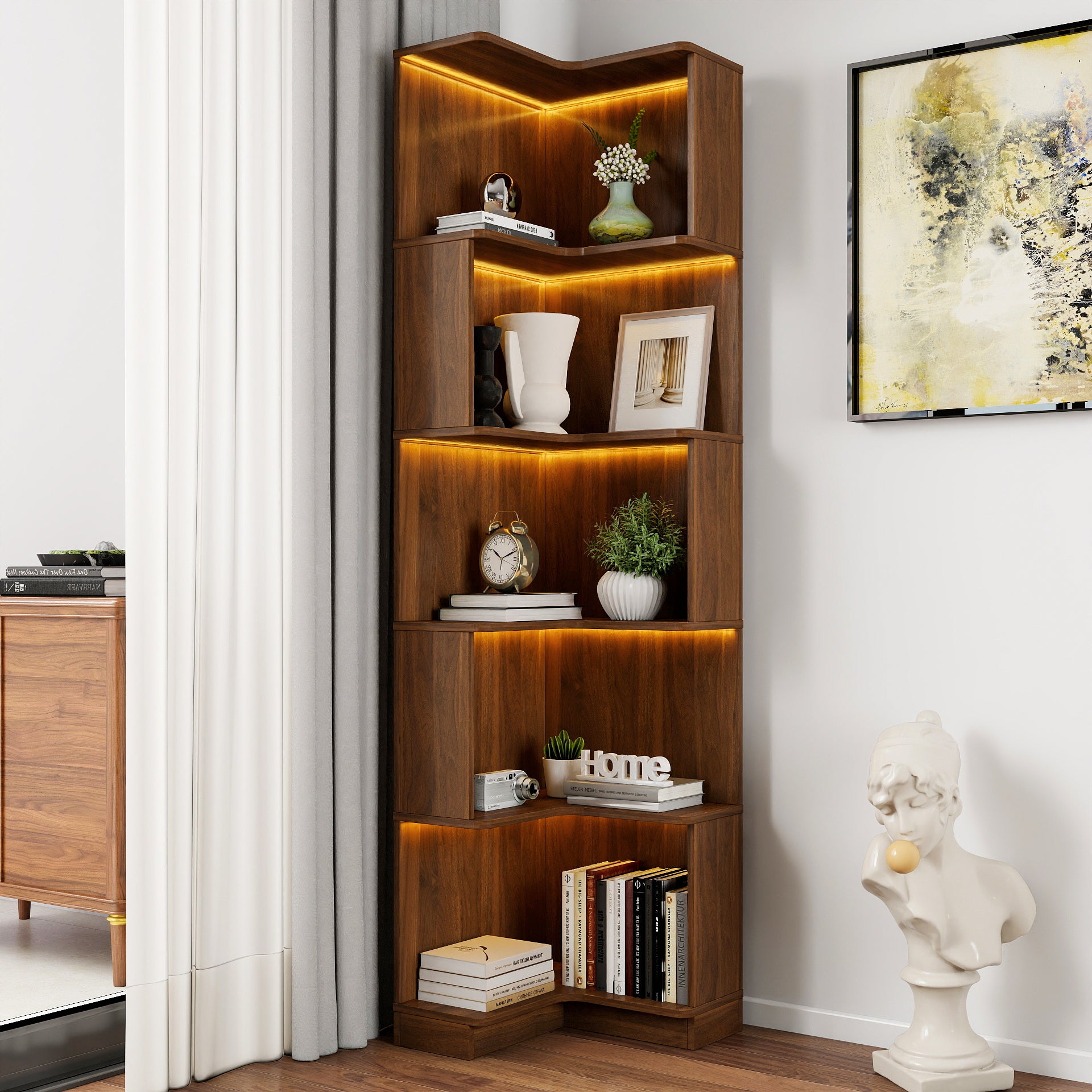 Corner Book Shelf - 5 Tier Corner Bookshelf  Bookcase with Baffle, Freestanding L Shaped Display Shelf Stand with led lights for Home Office, Living Room, Bedroom, Kitchen - Grand Goldman Shop