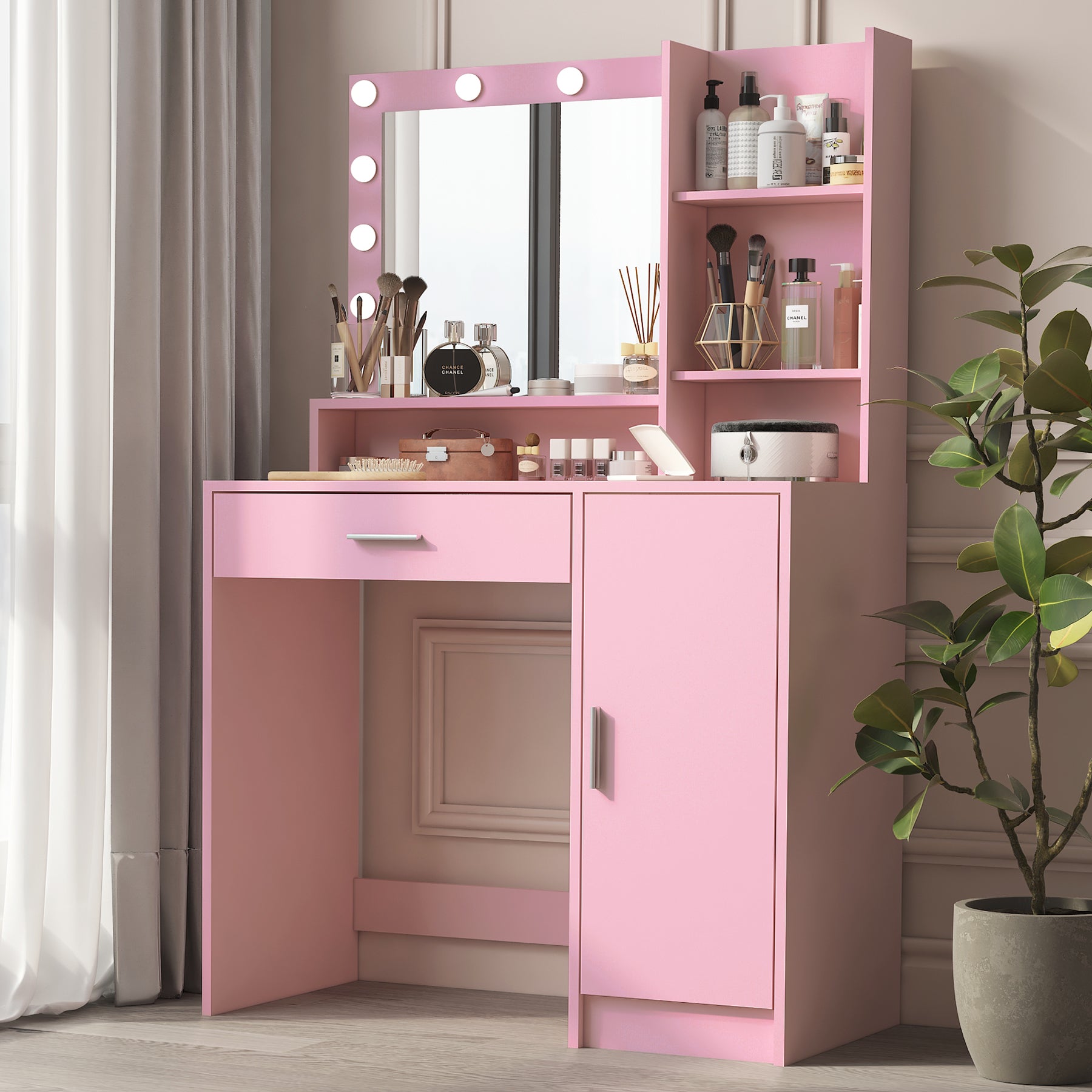 Vanity Desk with Mirror & Light, Large Drawer Three Level Storage Dresser, 3 Lighting Modes Adjustable Brightness, Bedroom Dressing Table(Pink) - Grand Goldman Shop
