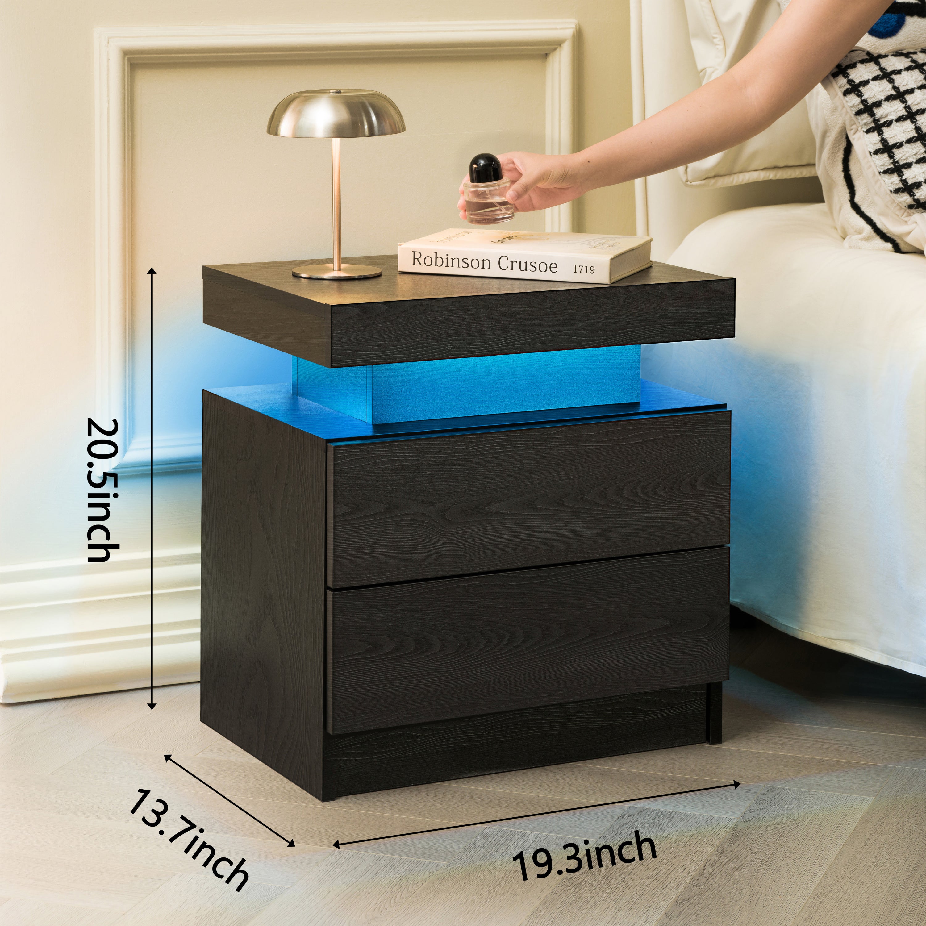 Nightstand LED Bedside Table Cabinet Lights Modern End Side with 2 Drawers for Bedroom (Black Woodgrain) - Grand Goldman Shop