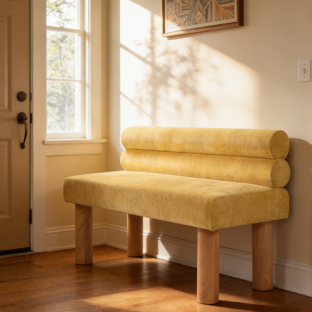 Upholstered Dining Bench, End of Bed, Entryway Bench, Ottoman for Dining Room, Bedroom, Living Room, Rubber Wood Leg 300 LBS Support, Yellow - Grand Goldman Shop