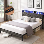 Full Bed Frame with  Storage Headboard, Charging Station and LED Lights, Upholstered Platform Bed with Heavy Metal Slats, No Box Spring Needed, Noise Free, Easy Assembly, Dark Gray - Grand Goldman Shop