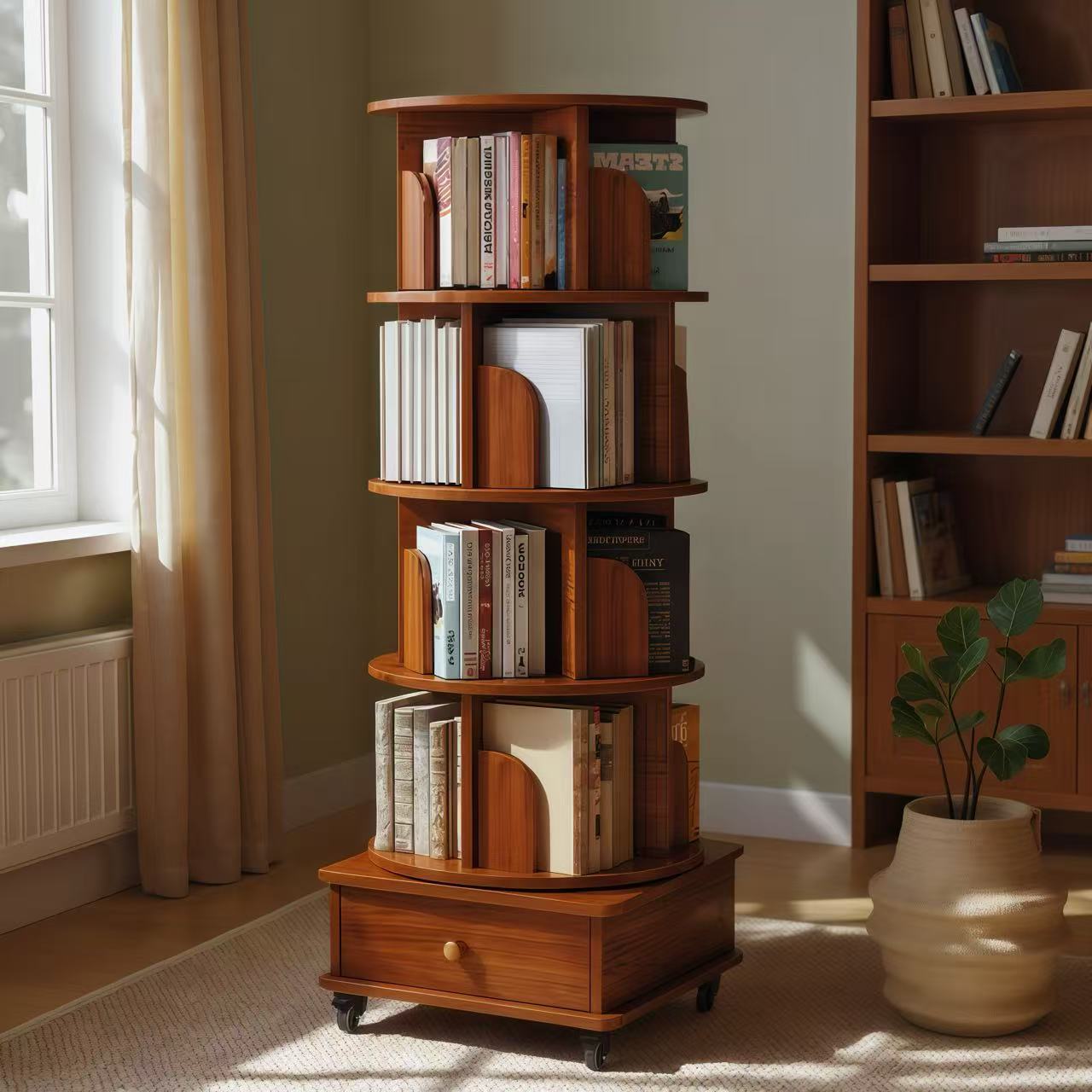Rotating Bookshelf with Drawer, 360 Display 5 Tier Corner Bookshelf for Small Space, Floor Standing Bookcase Storage Rack, Wood Narrow Organizer for Bedroom, Living Room (WALNUT) - Grand Goldman Shop