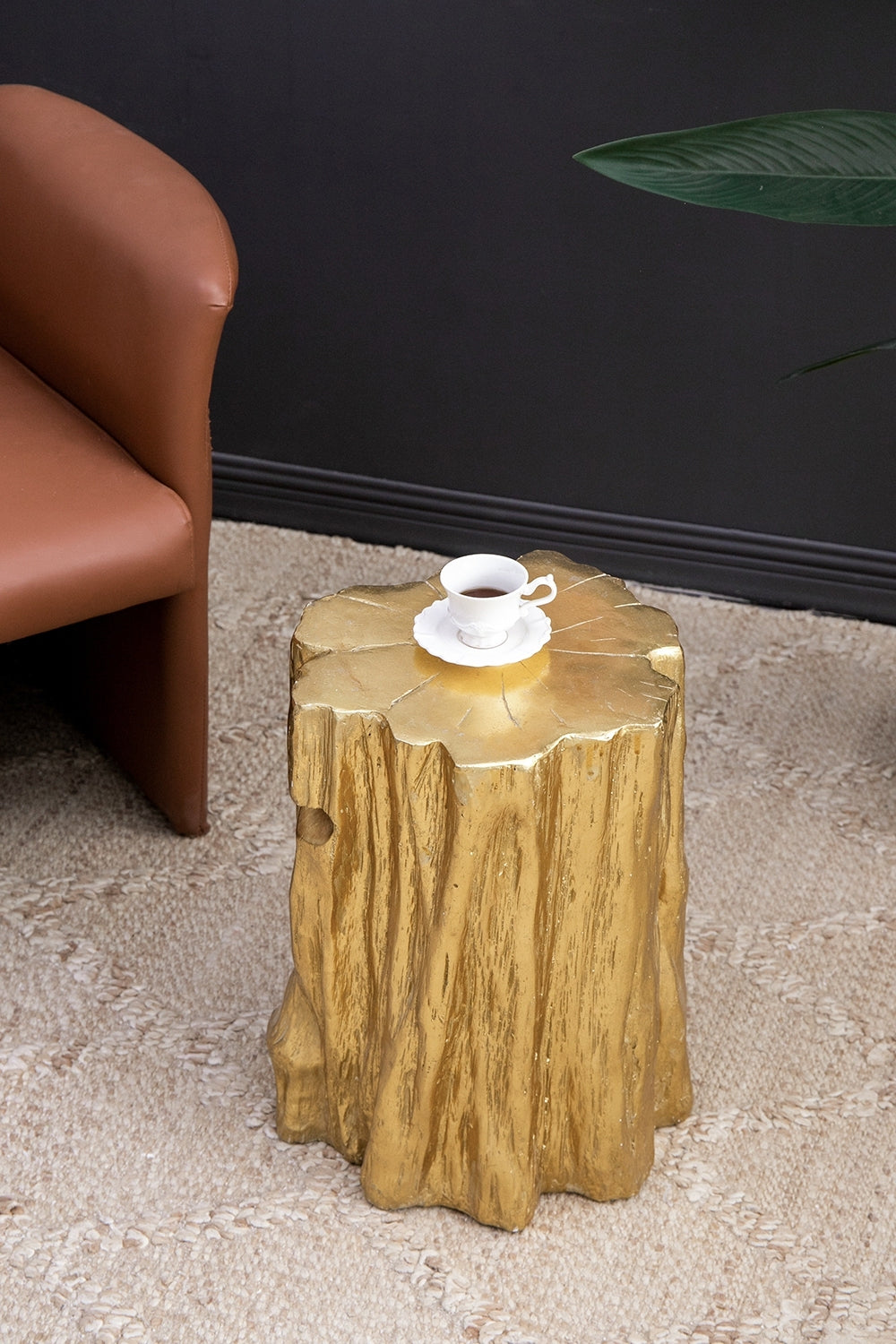 13.5x13x20' Unique Golden Tree Trunk Stool, Antique Gold Distressed Accent Side Table - Grand Goldman Shop