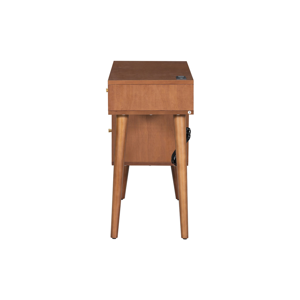 39' Retro Bohemian Style Wooden Makeup Vanity Set with Charging Plug&USB Port and Stool, Dressing Table with 3 Storage Drawers and 1 Rectangular Rattan Drawer, Walnut - Grand Goldman Shop