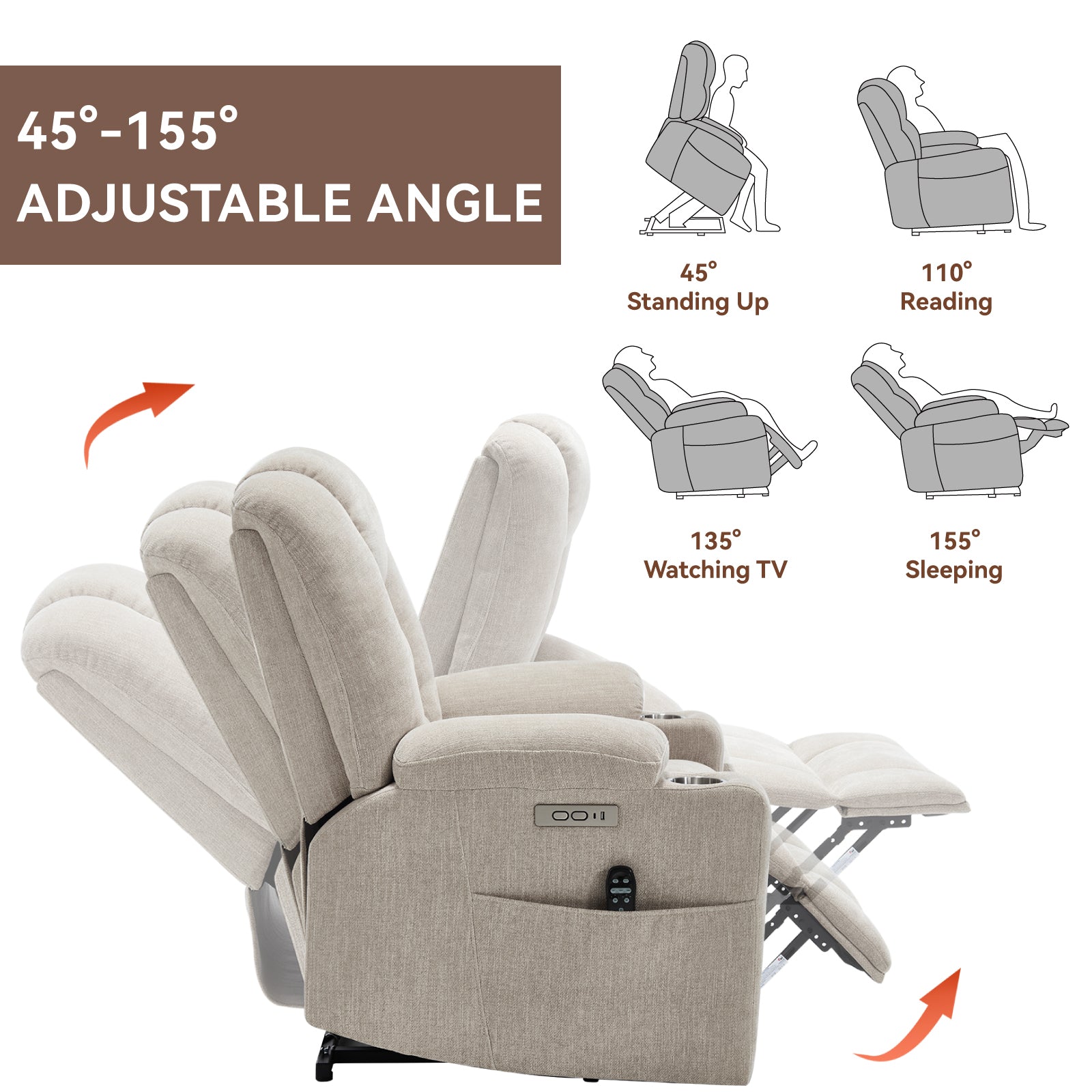 Power Lift Recliner Chair with Massage and Heat for Elderly, Overstuffed Wide Recliners, Heavy Duty Motion Mechanism with USB and Type C Ports, 2 Steel Cup Holders, Beige - Grand Goldman Shop