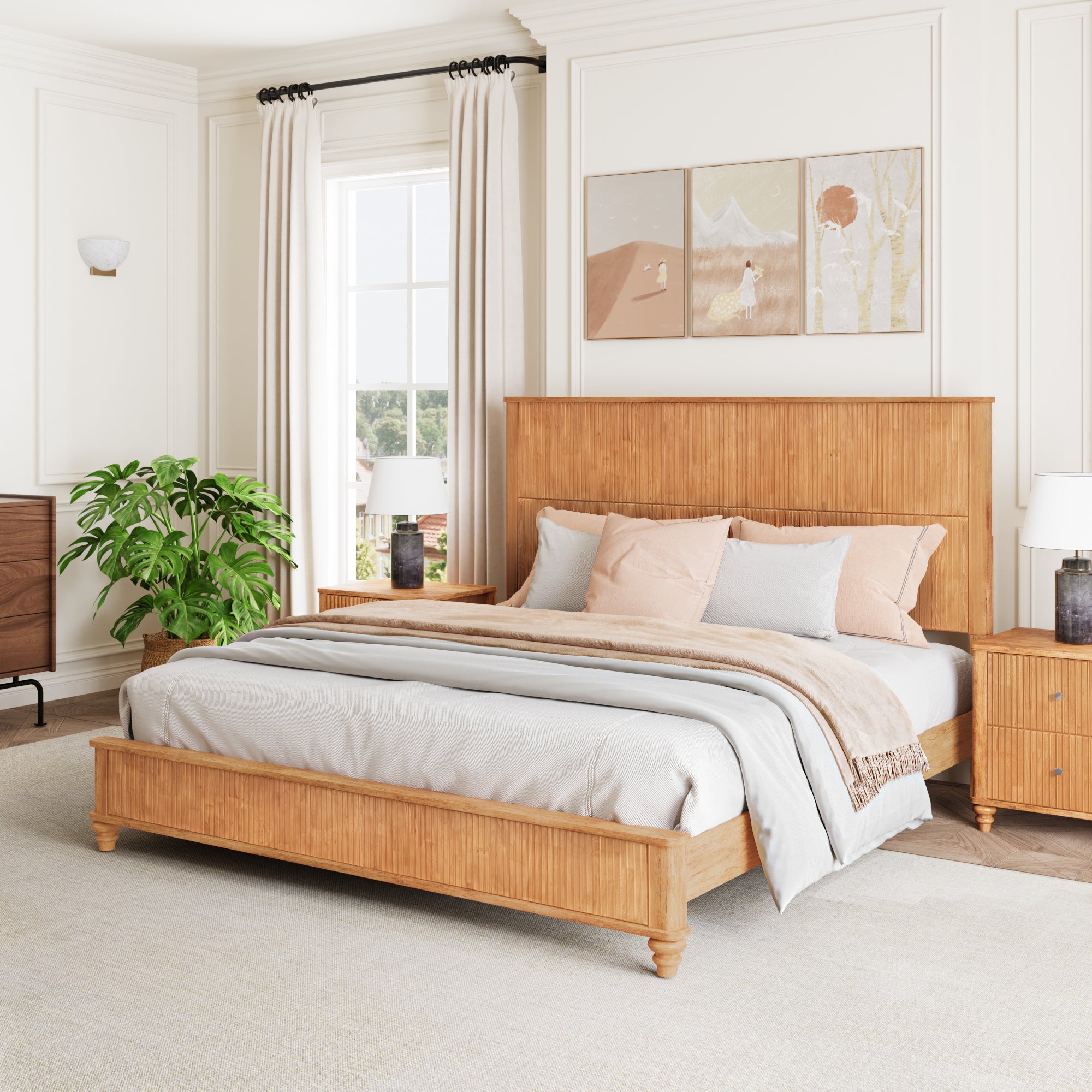 3-Piece Bedroom set with a King Size Bed and 2 Nightstands, Natural - Grand Goldman Shop