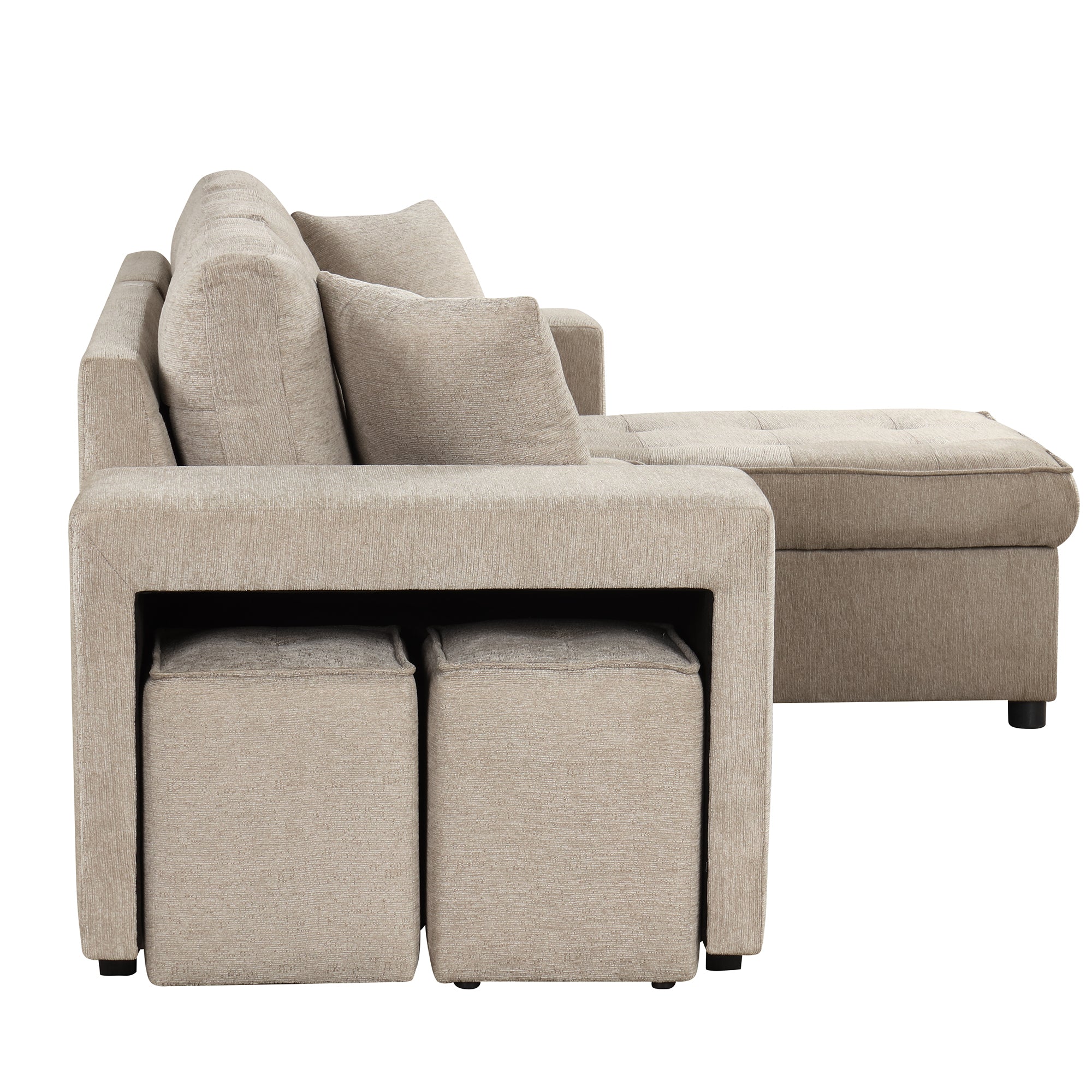 Modern L-Shape 3 Seat Reversible Sectional Couch with Pull Out Sleeper, Storage Chaise & 2 Stools, Cream, Linen Chenille - Grand Goldman Shop