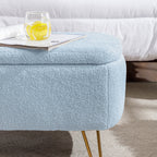 Blue Storage Ottoman Bench for End of Bed Gold Legs, Modern Grey Faux Fur Entryway Bench Upholstered Padded with Storage for Living Room Bedroom - Grand Goldman Shop