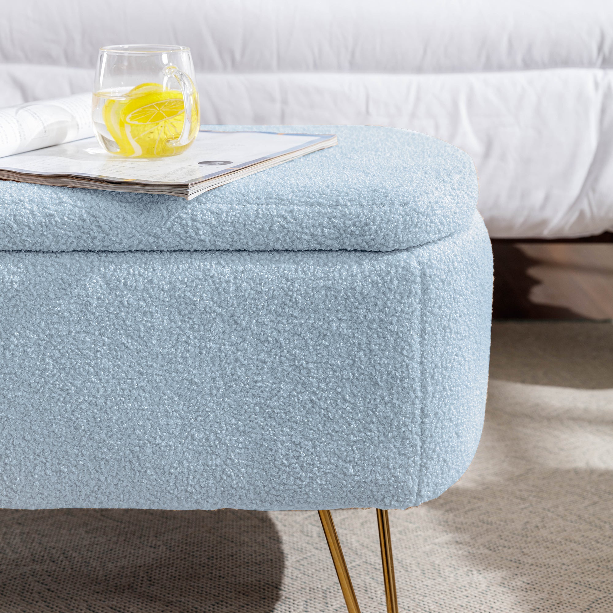 Blue Storage Ottoman Bench for End of Bed Gold Legs, Modern Grey Faux Fur Entryway Bench Upholstered Padded with Storage for Living Room Bedroom - Grand Goldman Shop