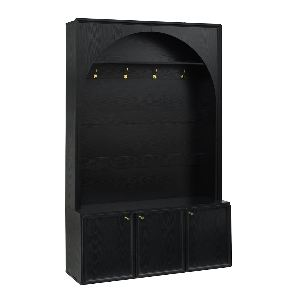 ON-TREND Farmhouse All-in-One Hall Tree with Adjustable Shelves, Retro Arched Entryway Storage Bench with 3 Cabinets, Wooden Coat Rack Organizer with 4 Golden Hooks for Mudroom, Hallway, Black - Grand Goldman Shop