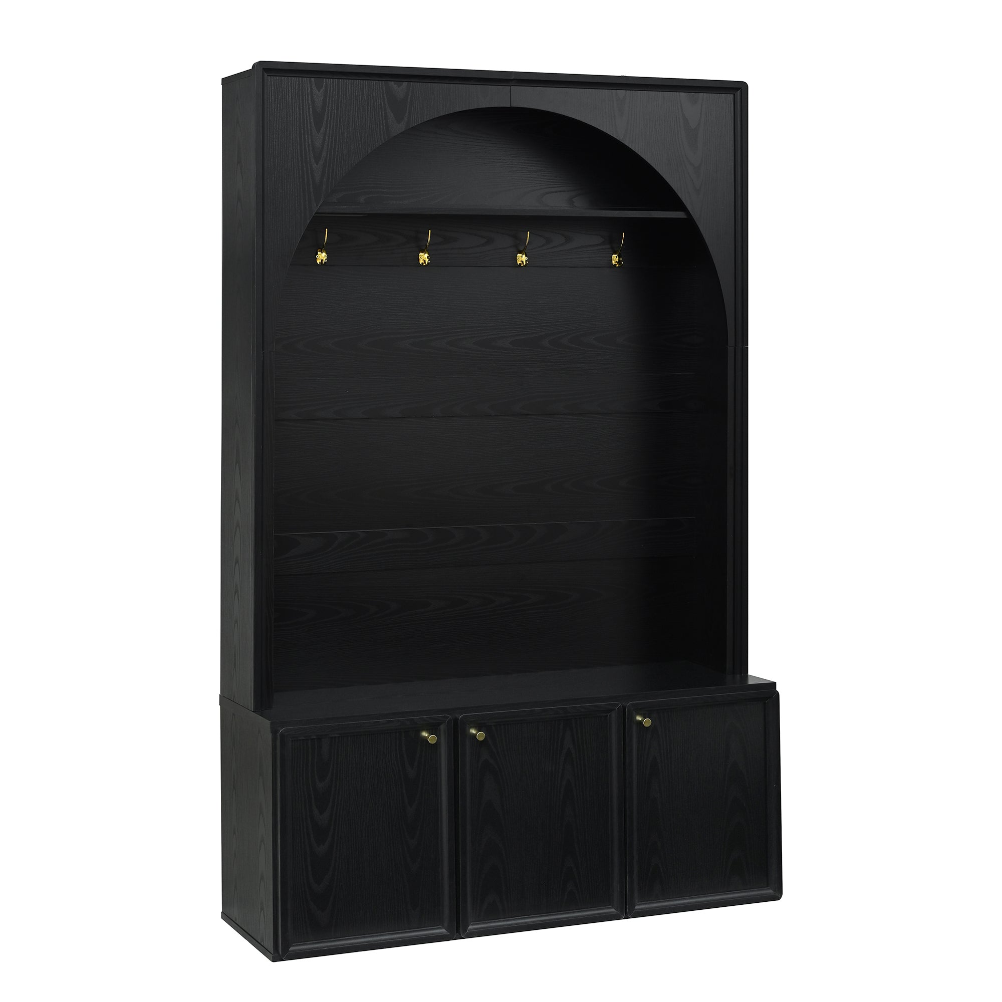 ON-TREND Farmhouse All-in-One Hall Tree with Adjustable Shelves, Retro Arched Entryway Storage Bench with 3 Cabinets, Wooden Coat Rack Organizer with 4 Golden Hooks for Mudroom, Hallway, Black - Grand Goldman Shop