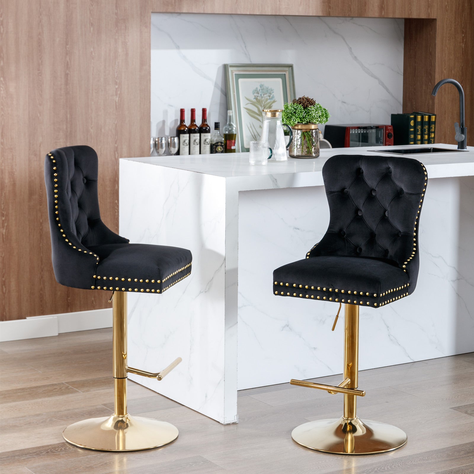 A&A Furniture Modern Swivel Velvet Barstools with Adjustable Seat Height, Comfortable Black Tufted Upholstery, Set of 2 - Grand Goldman Shop
