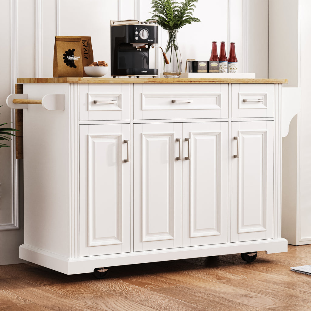 K&K 54inch Large Kitchen Island with Rubber Wood Drop Leaf, Embossed Texture Rolling Kitchen Cart on 4 Wheels with 4 Doors and 3 Drawers, Kitchen Island with Storage for Kitchen, Dining Room,White - Grand Goldman Shop