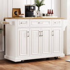 K&K 54inch Large Kitchen Island with Rubber Wood Drop Leaf, Embossed Texture Rolling Kitchen Cart on 4 Wheels with 4 Doors and 3 Drawers, Kitchen Island with Storage for Kitchen, Dining Room,White - Grand Goldman Shop