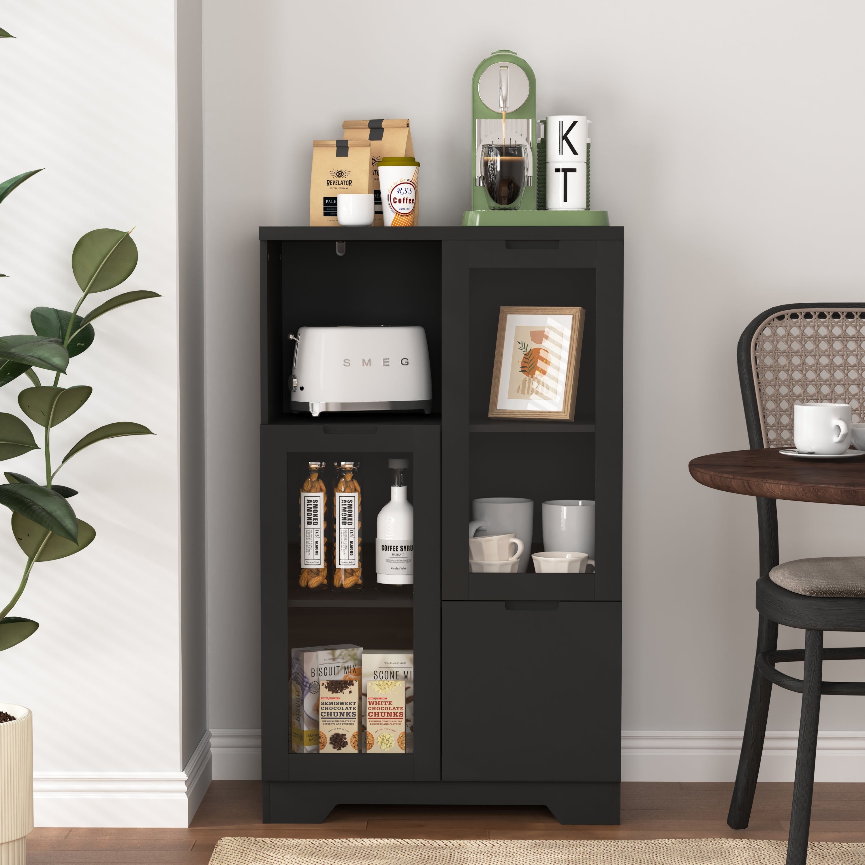 Modern MDF Painted Cabinet with Glass Doors and Drawer, Black, Bedroom or Living Room Storage - Grand Goldman Shop