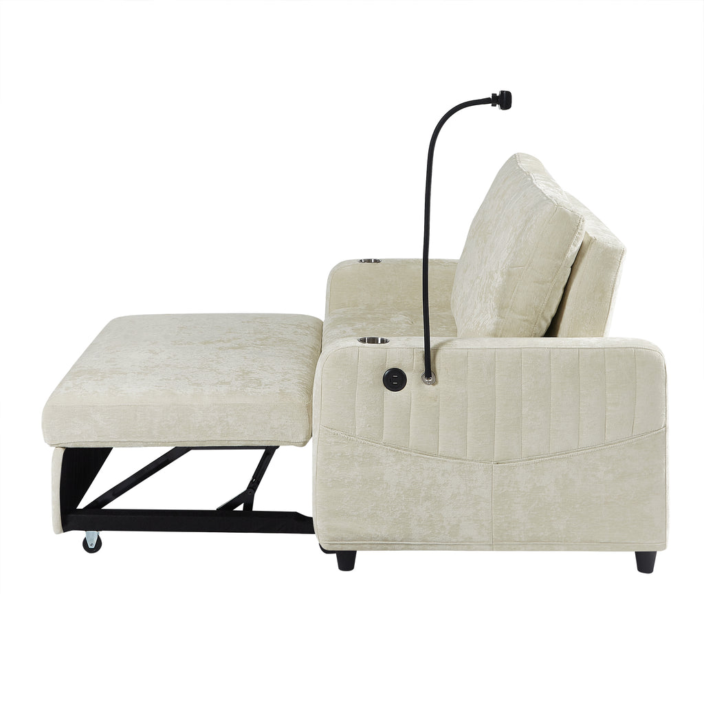 Modern 53.9' Loveseat Pull-out Sofa Bed with Adjustable Backrest, Cup Holders, Charging Ports & Side Storage in Beige Chenille - Grand Goldman Shop