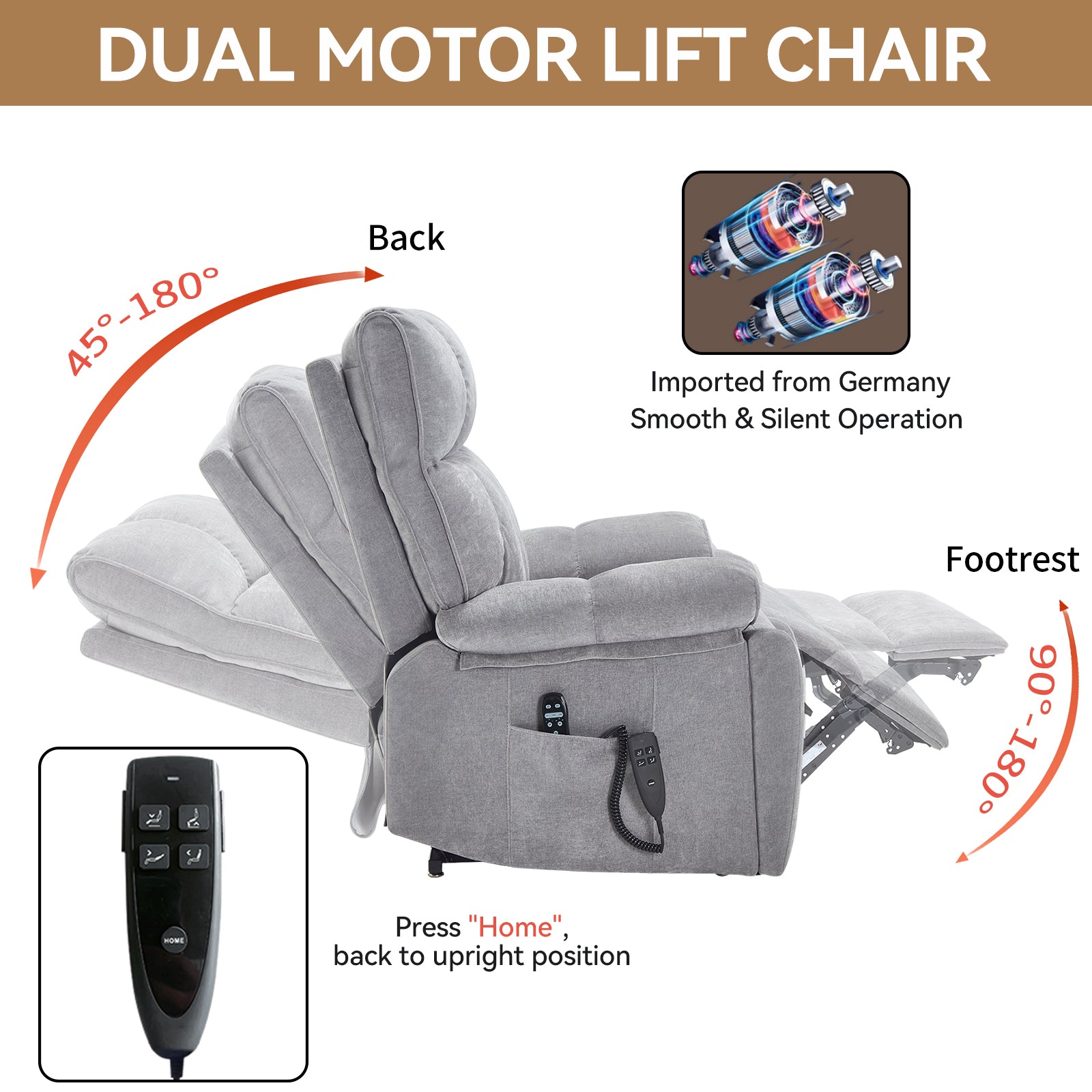 Grey Heat Massage Dual Motor Infinite Position Up to 350 LBS Large Electric Power Lift Recliners with Hidden Cup Holders, Power-Remote, Medium-firm and Heavy Duty - Grand Goldman Shop