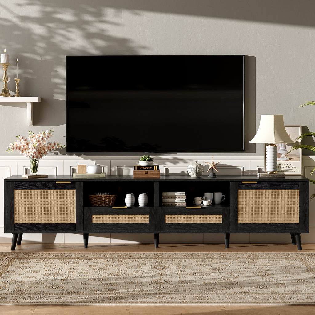 Modern Farmhouse Rattan TV Stand for TVs up to 85'', Black MDF and Solid Wood Media Console with Cable Management, 78.74'' L x 14.6'' W x 18.9'' H - Grand Goldman Shop